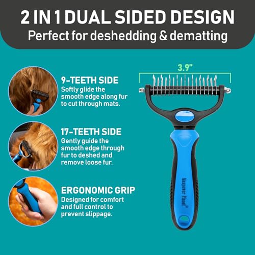 Maxpower Planet Pet Grooming Brush and 2X Grooming Gloves Combo - Double Sided Dematting, Deshedding Undercoat Rake for Dogs and Cats - Reduce Shedding Easily - Blue | Cat & Dual-Sided Rake, Dematting, Adjustable Fit, Machine Washable, Dog Brush for shedd