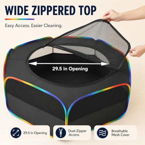 Small Animal Playpen, Chick Brooder Box, Guinea Pig Hamster Indoor Playpens & Outdoor Pet Cage Tent with Cover Top, for Kitten/Ferret/Hedgehog/Rabbit/Duckling, Black & Rainbow