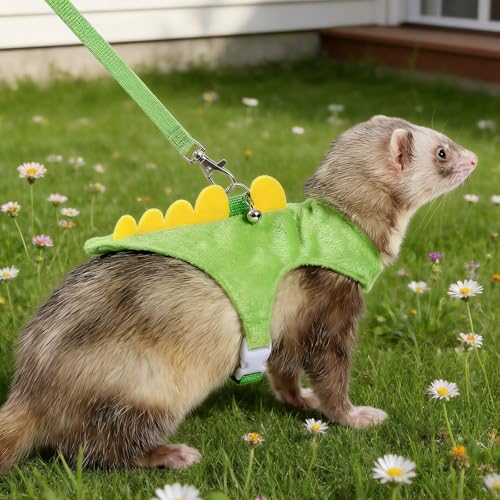 Ferret Harness and Leash Set, Dinosaur Shaped Rabbit Harness and Leash Set with Safe Bell, Adjustable Ferret Vest Harness for Baby Rabbit Guinea Pig Teacup Chihuahua Mouse Small Pet(Green)