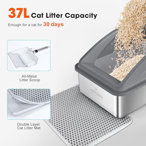 AIPERRO Stainless Steel Litter Box | XL Enclosed Cat Litter Boxs with Lid for Big Cats | High Sided, Anti-Urine Leakage | Non-Stick Bottom & Includes Litter Mat & Metal Scoop (Dark Gray) - color: Dark Grey, size: X-Large