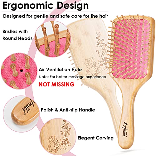 Sofmild Bamboo Hair Brush with Tail Comb, Pink Cushion Paddle Brush | Natural Wooden Hairbrush for Women Men Kids, 2 in 1 Comb Brush for Thick Curly Long Hair,Detangler Brush for Hair Growth - color: Rose