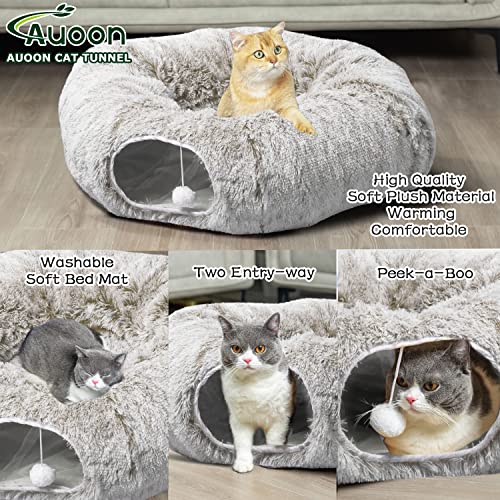 AUOON Plush Cat Tunnel Bed for Indoor Cats, 36" L x 36" W x 11.5" H, Khaki | 2 in-1 Interactive Cat Toy, with Hanging Ball Toy, Machine Washable Center Pad, for Kitten Puppy Rabbit Ferret - color: Khaki