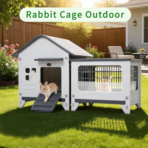 Plastic Rabbit Cage Outdoor Indoor, Bunny Cage Guinea Pig Cages with Run | Waterproof Rabbit Hutch Leak-Proof Pull-Out Tray&Chew-Proof, Easy-Clean & Ideal for Small Animal Cage Enclosure - size: 45.3"L x 20.1"W x 27.2"H