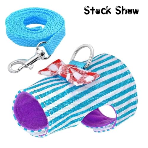Stock Show Small Pet Outdoor Walking Harness Vest and Leash Set with Cute Bowknot Decor Chest Strap Harness for Rat Ferret Hamster Squirrel Clothes Accessory, Blue Stripe