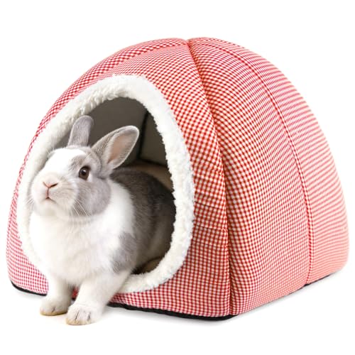 Rabbit Hideout Bed for Large Bunnies, Soft Plush Bunny House | Cozy Small Animal Hideaway with Removable Pad for Indoor Rabbits, Guinea Pigs, and Ferrets, Red - color: Red