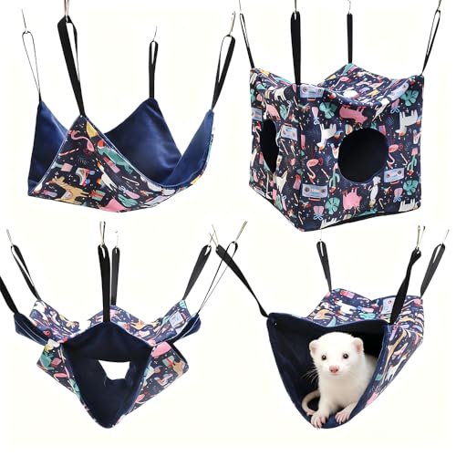 JNJNCWYP 4 Pack Ferret Hammock Set, Hanging Soft Small Animal Hammocks with Hideout,Tunnel and Double Layer,Cage Accessories for Ferret,Rats,Sugar Glider,Squirrel(Navy Blue) - color: Navy Blue