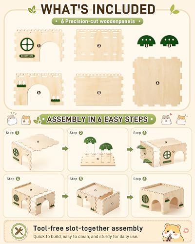 BUCATSTATE Natural Wood Hamster Hideout Castle, Easy-Assemble & Breathable | Multi-channel hideaway, waterproof sturdy wood cage play hut for Syrian Dwarf Hamsters, Gerbils & Mice.
