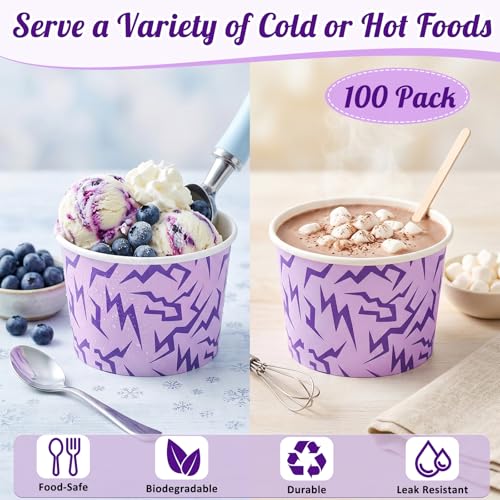 Jingmore 100 Pcs Ice Cream Paper Cups Bulk 8 oz Disposable Dessert Bowls for Hot or Cold Food Snack Treats Gift for Birthday Summer Party Favor Decoration (Purple Lightning) - style: Purple Lightning