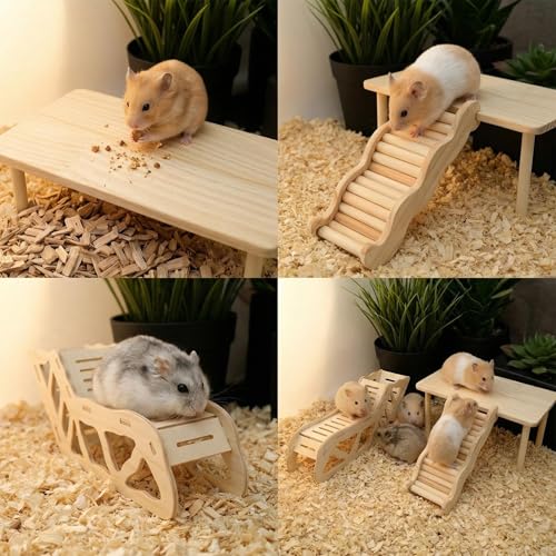 3Pcs Hamster Tunnel and Platform Set, Wooden Hamster Accessories with Wavy Stairs, Multi-Level Cage Hiding Place, Small Animal Climbing Toy, Habitat Decoration (Natural Wood)