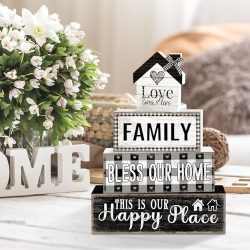 Tiered Tray Decor Set, 4 Pcs, Wooden, for Home Kitchen, Family | Rustic Buffalo Plaid, Farmhouse Rustic Summer Coffee Table Centerpieces Office Decorations - style: Family