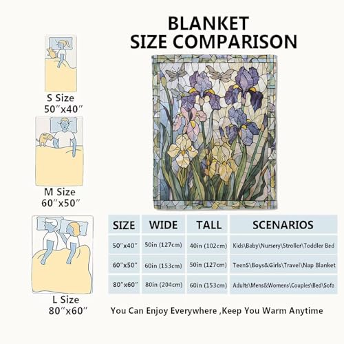 Stained Glass Irises Floral Blanket Butterfly & Dragonfly Throw Blankets,Gifts for Kids Woman Adult,Lightweight Soft Fleece, for Sofa Couch Bed Room Modern Artistic Decor 60x80in - color: Stained Glass, size: 60x80in