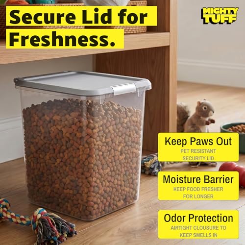 Mighty Tuff 35 lb Pet Food Storage Container with Airtight Lid, Clear | Secure lid clasp helps keep dog and cat food fresh while the clear container simplifies pantry organization.