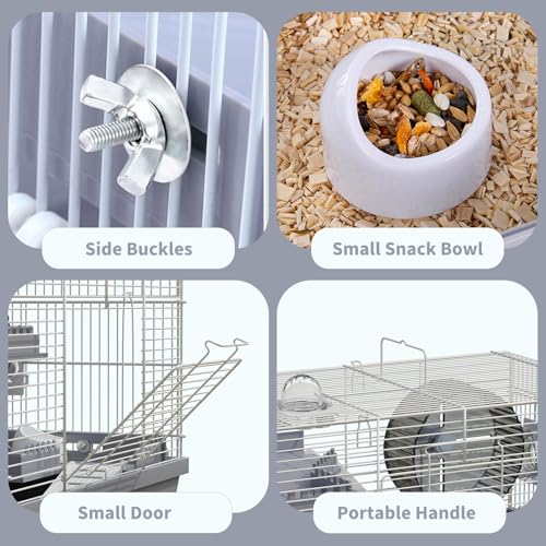 Dwarf Hamster Cage Starter Kit 19x12x12in for Dwarf Hamsters Robo Hamsters | Multilevel Dwarf Hamster Cage with Silent Wheel Ø6", 2 Platforms, 2 Tube Ports, Ladders, Water Bottle, Food Bowl - color: Gray