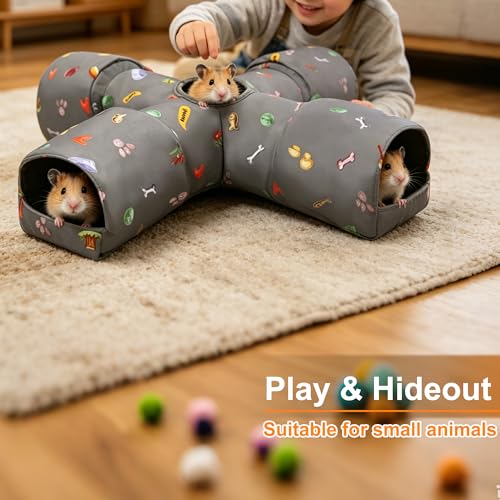 4-Way Small Pet Tunnel with Top Cave, Collapsible Interactive Hideout Tunnel for Hamster, Guinea Pig, Gerbil, Chinchilla, Dwarf Rabbit & Other Small Animals - color: Standard 4-Way