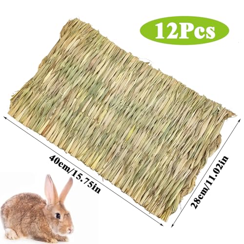 kathson 12 PCS Large Grass Mat for Rabbit, Natural Bunny Woven Hay Mat Straw Small Animal Bedding Nest for Guinea Pigs Hamster Chinchillas Puppy Biddy Sleeping Chewing Scratching