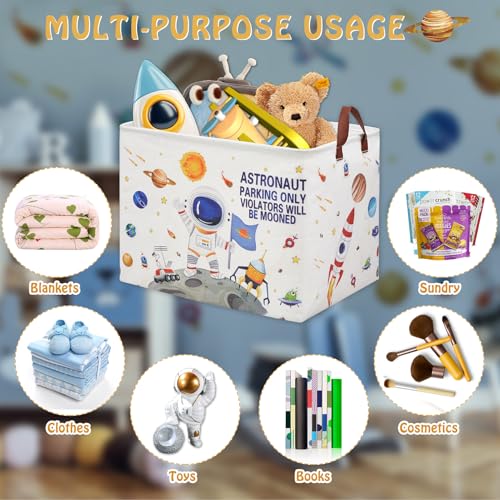 Outer Space Astronaut Nursery Basket with Inspirational Quotes ,Boy Planets Rocket Storage Bin for Baby Nursery Kids Bedroom Playroom Decor,Cute Shelf Basket Toy Box Bin (white) - color: White