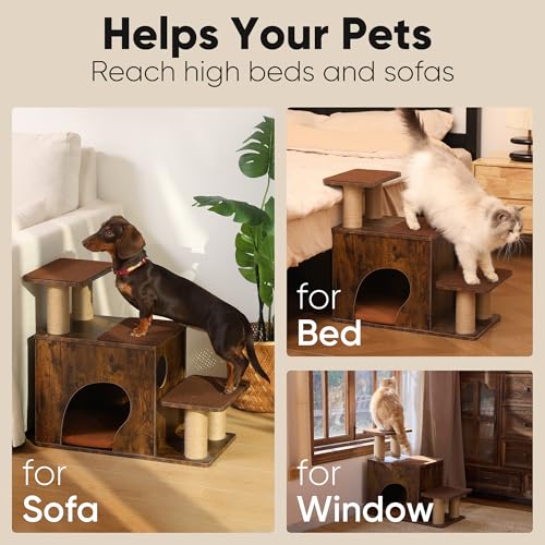 FUKUMARU 3-in-1 Pet Stairs, Retro-style Dog Steps for Cats and Small Dogs, Wooden Cat Stairs for High Bed with Scratching Post, Dog Ramp for Couch with Cat Condo Cave, Easy to Clean & Aesthetic Design - color: Brown