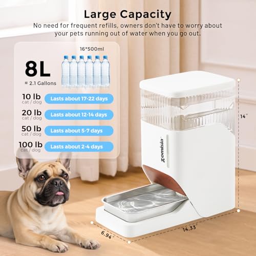 ZOMISIA Automatic Dog Water Dispenser 8L with Stainless Steel Bowl, Gravity Large Capacity Water Bowl for Dogs, 2 Gallon Pet Waterer 100% BPA Free, Cool Grey - color: Grey, size: 8L
