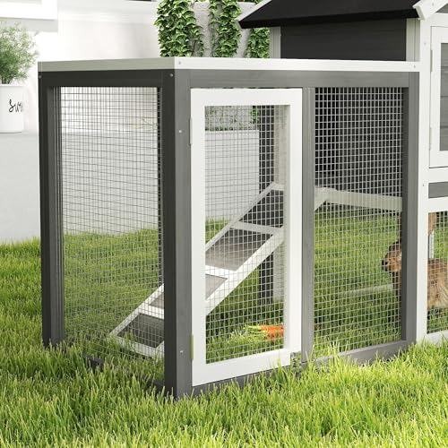PawHut 49" Wooden Rabbit Hutch Bunny Cage with Fun Outdoor Run Gray | Waterproof Asphalt Roof, Removable Tray and Ramp, for Rabbits, Chickens, Ducks - color: Grey