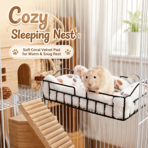 Hacaroa Rat Cage Platform with Mat, Hanging Guinea Pig Bed Basket Metal Squirrel Cage Ledge Bird Perch, Chinchilla Cage Accessories Small Animal Habitat for Hamster, Ferret, Gerbil, Easy to Clean