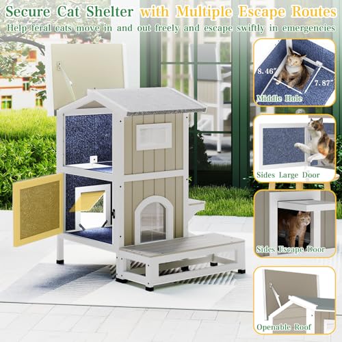 Outdoor Cat House Weatherproof Cats Shelter for Feral Kitten Pet Houses for 1-2 Small Animlas 2 Story Wooden Houses for Indoor Outdoor Cats with Escape Doors (29.7"D x 22.8"W x 35.4"H In) - style: 29.7"D x 22.8"W x 35.4"H In