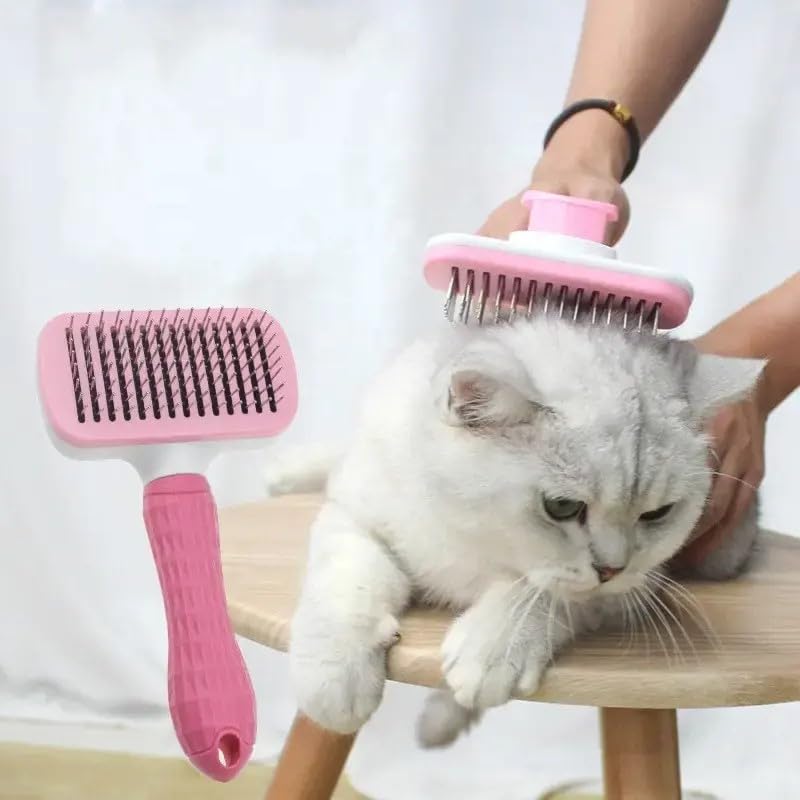 Generic Pink Cat grooming brush, Pet hair brush with Massage Particles, Self Cleaning Dematting Comb for Dogs and Cats, Easy to Use, Ergonomic Handle Design - color: Pink