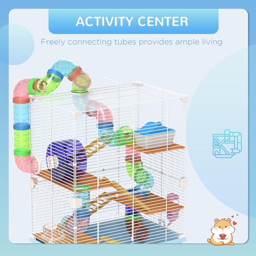 PawHut 18" 5 Tier Hamster Cage with Tubes and Tunnels, Small Animal Cage with Portable Carry Handle, Gerbil Cage with Water Bottle, Food Dish, Exercise Wheel, Light Blue | Small Animal Cage, Portable Carry Handle, Water Bottle, Food Dish, Exercise Wheel -
