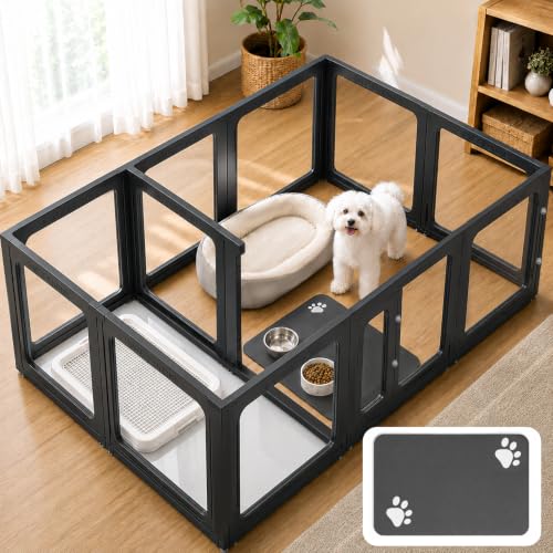 Acrylic Dog Playpen with Toilet, Clear Puppy Play Pen Indoor Puppy Play Pen Tool-Free Assembly Detachable Pet Fence Kennel for Small Dog, Cat, Rabbit (24 Inch, 12 Panels, Black) - color: Black
