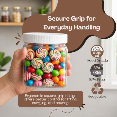 Pride Of India | Clear Food Grade PET Plastic Square Grip Storage Jar w/Cap 16 Fluid Ounces | 2-3 Cup Storage Capacity | Airtight Seal & Easy Handling | Store Sugar, Spices, Nuts, Seeds & Pet Treats - size: Small Square Jar & Cap
