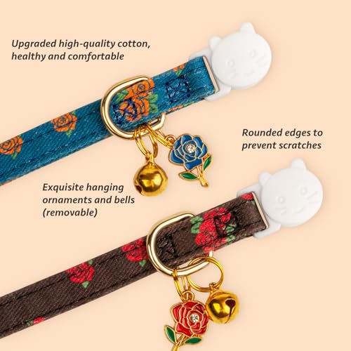 2 Pack Cotton Cat Collar Blue and Black Rose Cute Kitten Cat Collar | Breakaway Breathable Soft material With cute pendants with Bell - color: Blue Rose&Black Rose