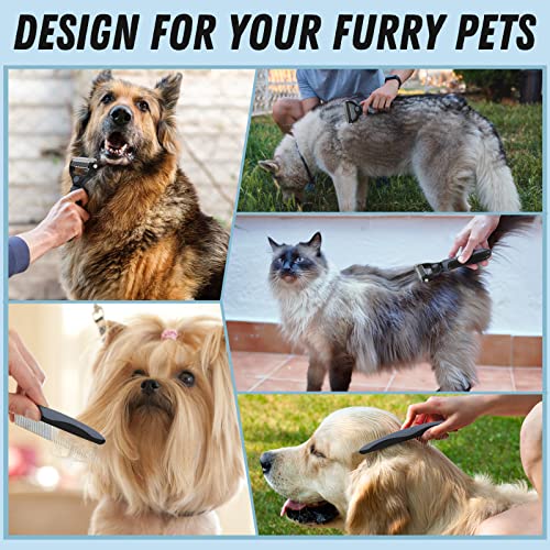 Docrok Pet Grooming Brush and Metal Comb Combo for Dogs & Cats, Gray | Dematting Deshedding Undercoat Rake, Cat Brush Dog Brush Shedding Tool for Long Matted Haired Pets - color: Gray