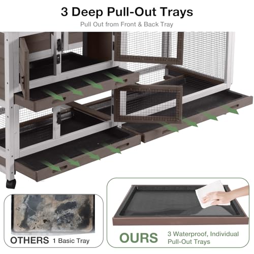 62″ 2-Story Large Rabbit Hutch with Chew-Proof Ramp, 3 Leakproof Trays, Waterproof Roof, 6 Lockable Wheels for Rabbits & Guinea Pigs (Brown) - color: (Brown)