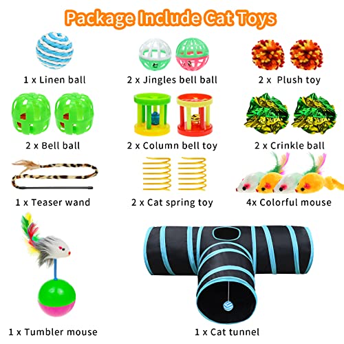 Malier Collapsible Cat Tunnels & Toys Set, Interactive Kitty Toys - Kitten & Cat - Feathers, Mouse, Crinkle Balls, 3-Way Tube Tunnel for Indoor Play - color: Black