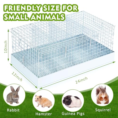 DoubleFill 4 Hole Foldable Rabbit Transport Cage, 24 x 12 x 10 in Portable Metal Bunny Carrier with Tray & Handles for Travel Temporary, Small Animal Cage for Guinea Pigs Hamster Indoor Outdoor - color: Sliver, size: 25.8"L x 15.8"W x 3.7"H