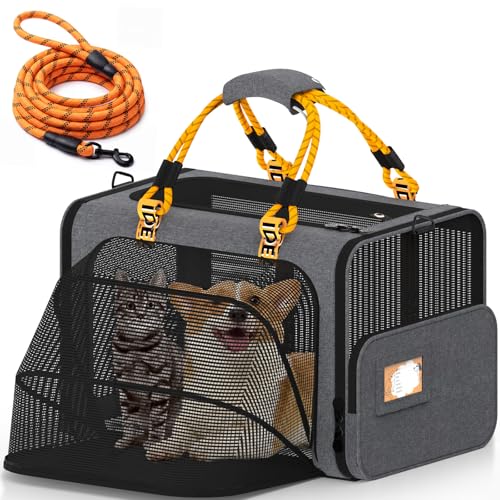 PAWZIDEA Expandable Large Pet Carrier, Soft-Sided 2–4 Cats Carrier Up 55lbs | 24"×16"×16" Collapsible Small to Medium Dog Carrier Travle Bag, Portable Dog Crate for Car Travel, Breathable, Storage Pocket - color: Mid-Hemp Gray, size: 24.0"L x 16.0"W x 16.