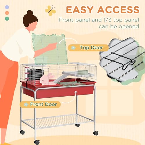 PawHut Two-Story Small Animal Cage Removable from Stand, Guinea Pig Cage with Shelf & Wheels, Pet Habitat for Hedgehog, Chinchilla, Ferret, 33" x 18.5" x 35", Red | Removable from Stand, Guinea Pig Cage, Pet Habitat for Hedgehog, Chinchilla, Ferret - colo