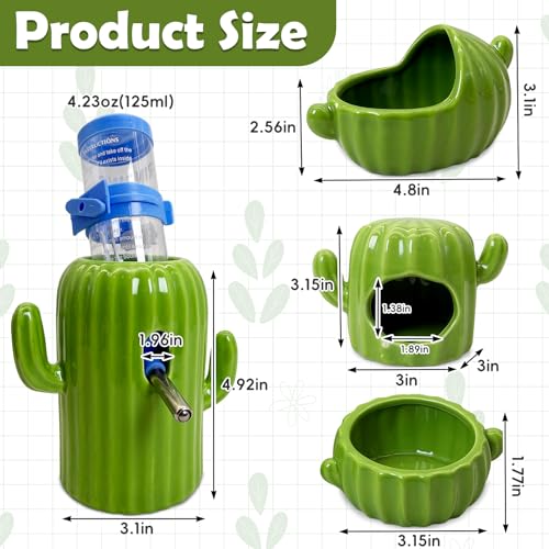 PINVNBY Ceramic Hamsters Hideout, Cactus Ceramic Dwarf Hideout, Hamster Water Bottle, Sand Bath, Food Bowl & 125ML Water Bottle Holder for Dwarf Hamster Cage Accessories