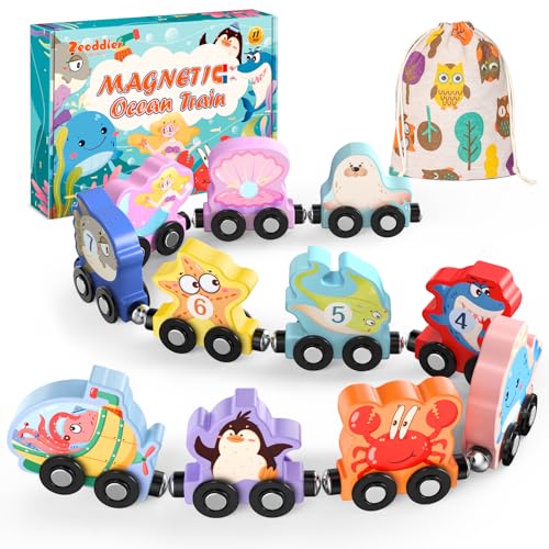 Zeoddler Toys for Toddlers, 11 Magnetic Wooden Sea Animals Train Set, Montessori Toys for Toddlers, Educational Activities for Kids, Birthday Gifts for Boys, Girls - style: Sea Animal