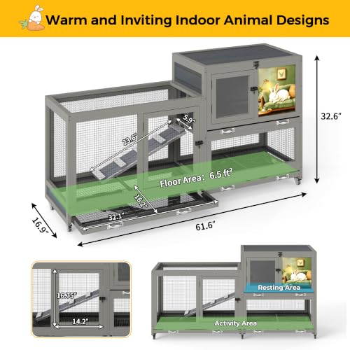 COZIWOW Grey 2-Tier Wooden Rabbit Hutch, Indoor Rabbit Cage | 2-Tier Rabbit House Features Rolling Wheels, Easy-Clean Tray, Anti-Slip Ramp And Air Circulation Vents - size: 2-compartment rabbit cage