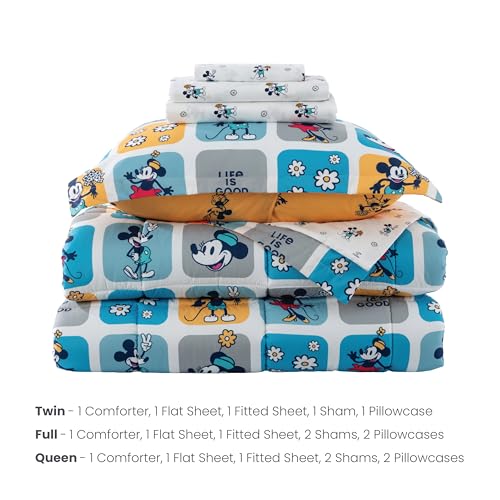 Berkshire LIG Printed Reversible Microfiber Comforter Set–7-Piece, Ultra Soft All-Season Bedding, Wrinkle & Fade Resistant, Full, Steamboat Willie Boxes Extra Large Blue - color: Steamboat Willie Boxes Extra Large Blue, size: Full