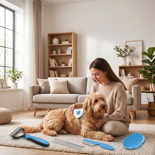 5-in-1 Dog Grooming Kit with Self Cleaning Brush & Rake, Blue | Best Push-Button Self-Cleaning Puppy Grooming Set with Undercoat Deshedding Rake & Steel Combs for All Long Short pet hair - color: Blue