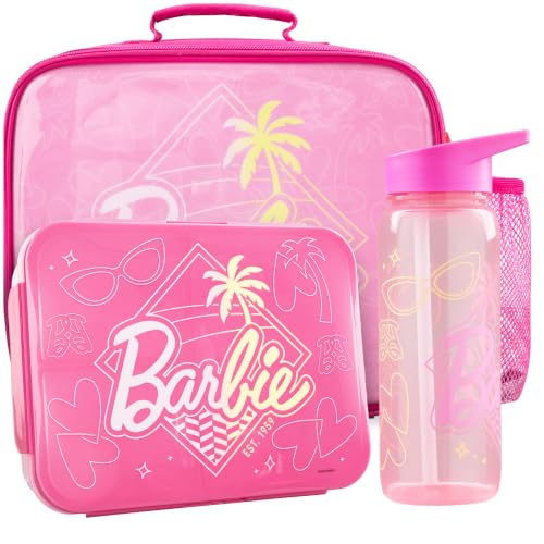 Get Trend Barbie Girls Lunch Bag, Bento Box & Water Bottle 3 Piece Set | Insulated Lunch Bag, 3 Compartment Lightweight Snack Box, 22 fl oz BPA-Free Water Bottle with Straw, School, Gifts for Girls - color: Pink Barbie