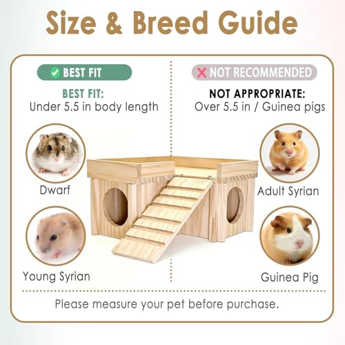 Wooden Hamster Hideout,Dwarf Hamster Hide House with Platform & Bowl & Ladder,Small Hamsters Maze Hut Hides Habitats Decor Cage Accessories for Gerbils,Mice,Mouse