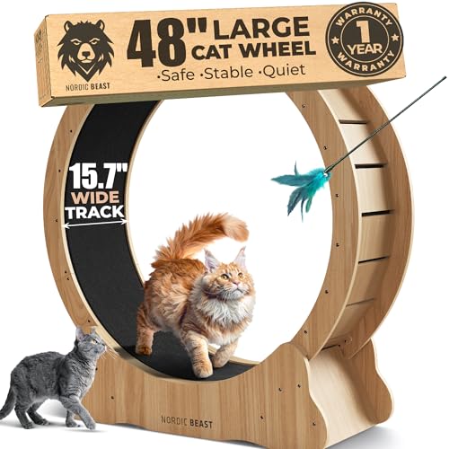 Walnut Wood 48'' XL Cat Wheel - Cat Wheels for Indoor Cats Which Doesn't Negatively Affect Your Cat's Spine - 15.7'' Extra Wide Walnut Exercise Wheel - Fits 2 Cats Side-by-Side, 1-Year Warranty - color: Walnut