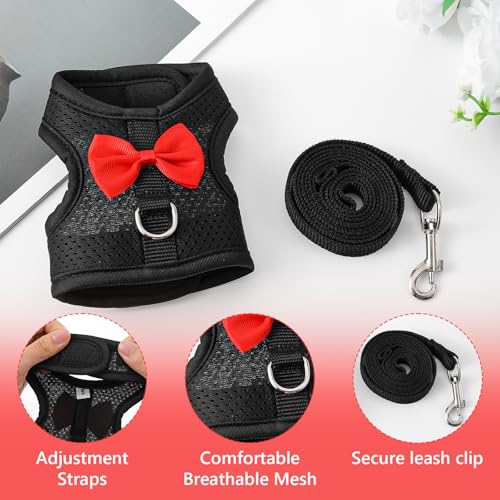 Rabbit Leash and Harness, Easily Adjustable Rabbit Harness and Leash Set for Small Animals, Rabbits Harness and Leashes for Proof Safely Walking Cute Bow Vest and Leashes, Black, Small