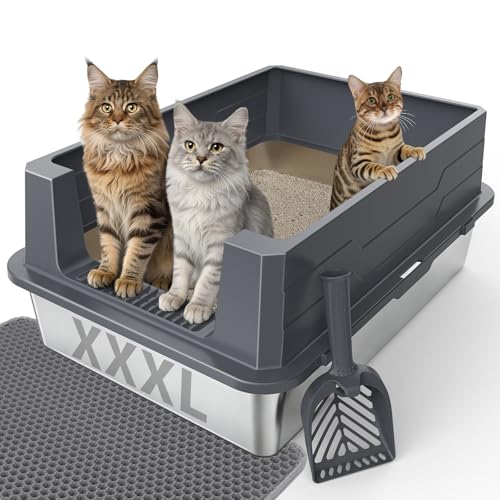 FURTIME Stainless Steel Cat Litter Box, Extra Large Cats Metal Litter Box | High-Sided Open-Top Easy-Clean Litter Pan for Multi-Cat Home, Non-Stick, Anti-Leakage, Comes with Scoop & Mat, 28"×20"×12.2" - color: Grey, size: XXX-Large