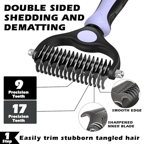 Professional 3PCS Self Cleaning Slicker Brush & Pet Grooming Rake & Flea Comb for Dogs,Cats and Horses | Double-Sided Dematting Comb & Skin Friendly Deshedding Grooming Tool (Light Purple) - color: Light Purple