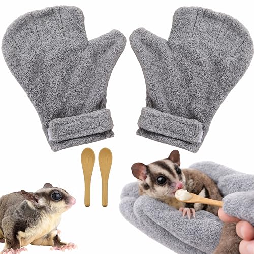 Sugar Glider Cage Accessories Pet Handling Gloves, 2 Soft Bonding Mitts + 2 Mini Feeding Spoons, Cage-Side Care Set Grooming, Treat Portioning Daily Handling, For Sugar Glider Hamster Hedgehog (Grey) - color: Grey
