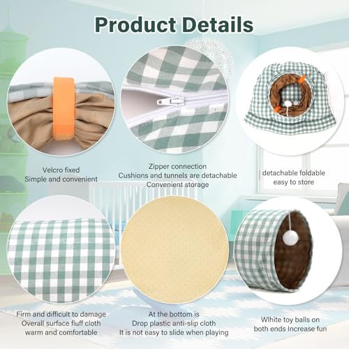 BWOGUE Bunny Tunnel Bed, 2-in-1Collapsible Rabbit Tunnel Hideout with Mat | Removable Mat for Washing, Ball Toy for Play, Tunnel Tubes for Hiding, GreenPlaid Soft Suede Fabric, Cats Rabbits Guinea Pigs - color: GreenPlaid