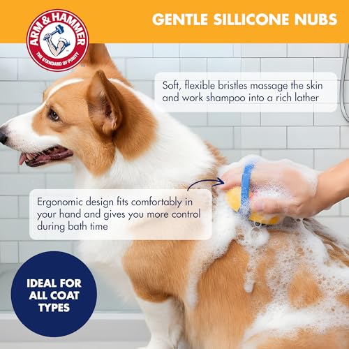 Arm & Hammer Simply Grooming Soap Dispensing Palm Dog Brush | Baking soda infused, silicone scrubbing nubs, easy-grip design, lathers and deodorizes, all coat types - size: 1-Pack, style: Soap Dispensing Palm Brush